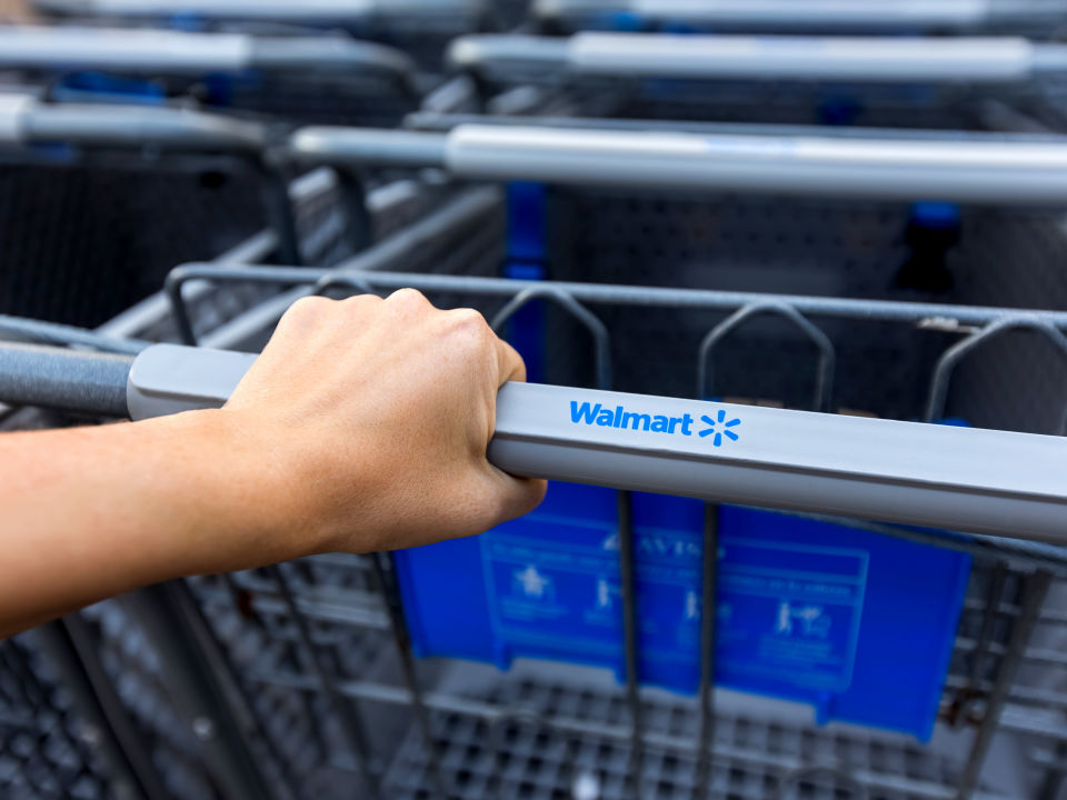 hand resting on crossbar of walmart branded retail store shopping cart