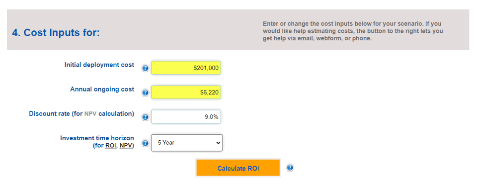 screenshot of rfid roi estimator screen showing cost inputs calculation