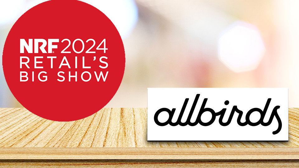 showcard for sensormatic solutions at nrf big show 2024 with allbirds logo on a wooden shelf with blurred store in background