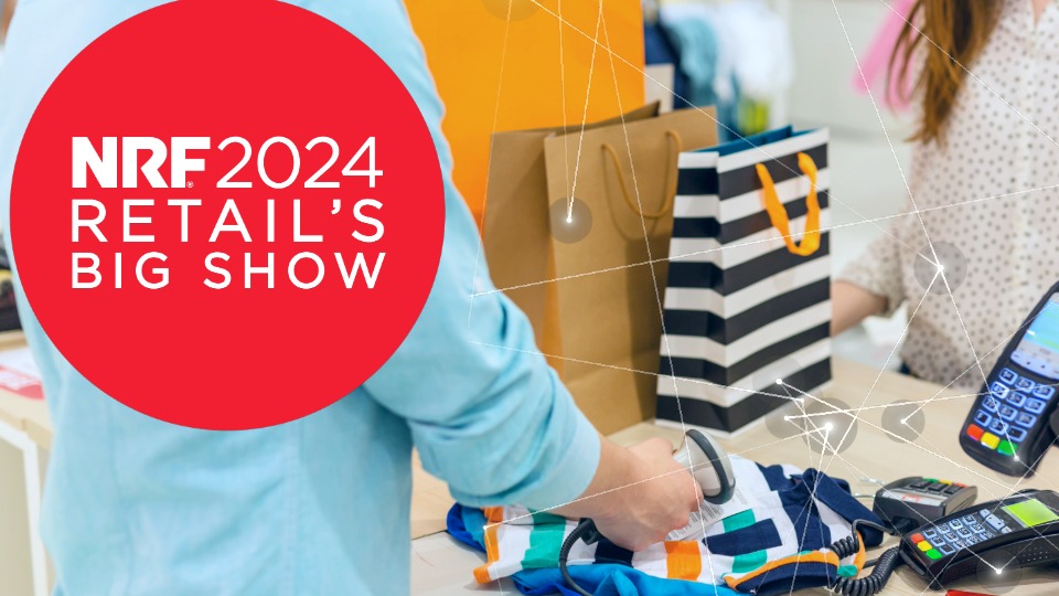 showcard for sensormatic solutions at nrf big show 2024 with customer ringing up his purchases using self-checkout kiosk