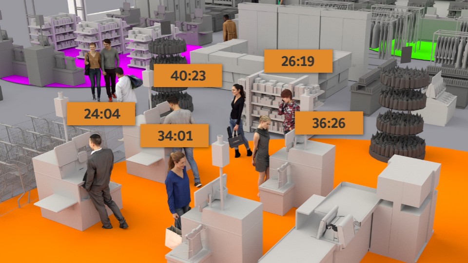 3d illustration of shopper figures in retail store with bubble displays over their heads showing time in store