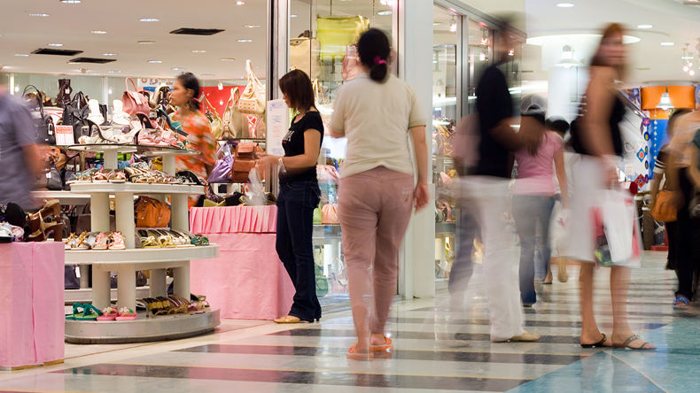 mall shoppers near women's shoes and handbags mall store