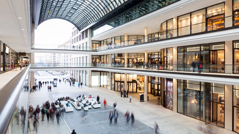 view of traffic from indoor-outdoor multi-level shopping mall