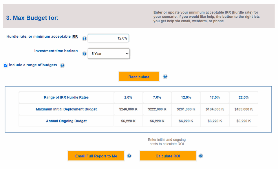 screenshot of rfid roi estimator showing max budget multi-year calculations