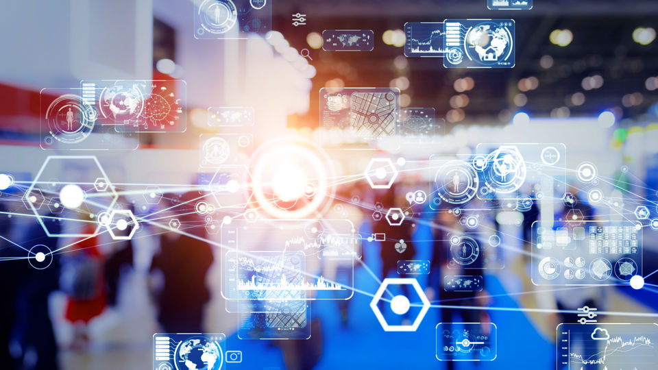 busy retail shopping mall with data and network cloud computing structures superimposed