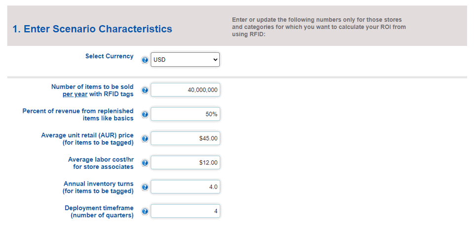 screenshot of rfid roi estimator screen showing initial data entry