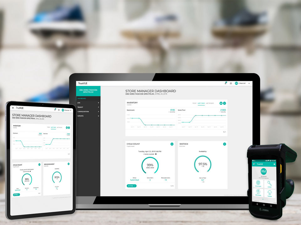 sensormatic truevue retail store inventory visibility software displayed on laptop tablet and cell phone devices