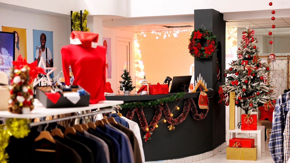 retail apparel store with racks of holiday merchandise and holiday decorations including a christmas tree and wrapped presents