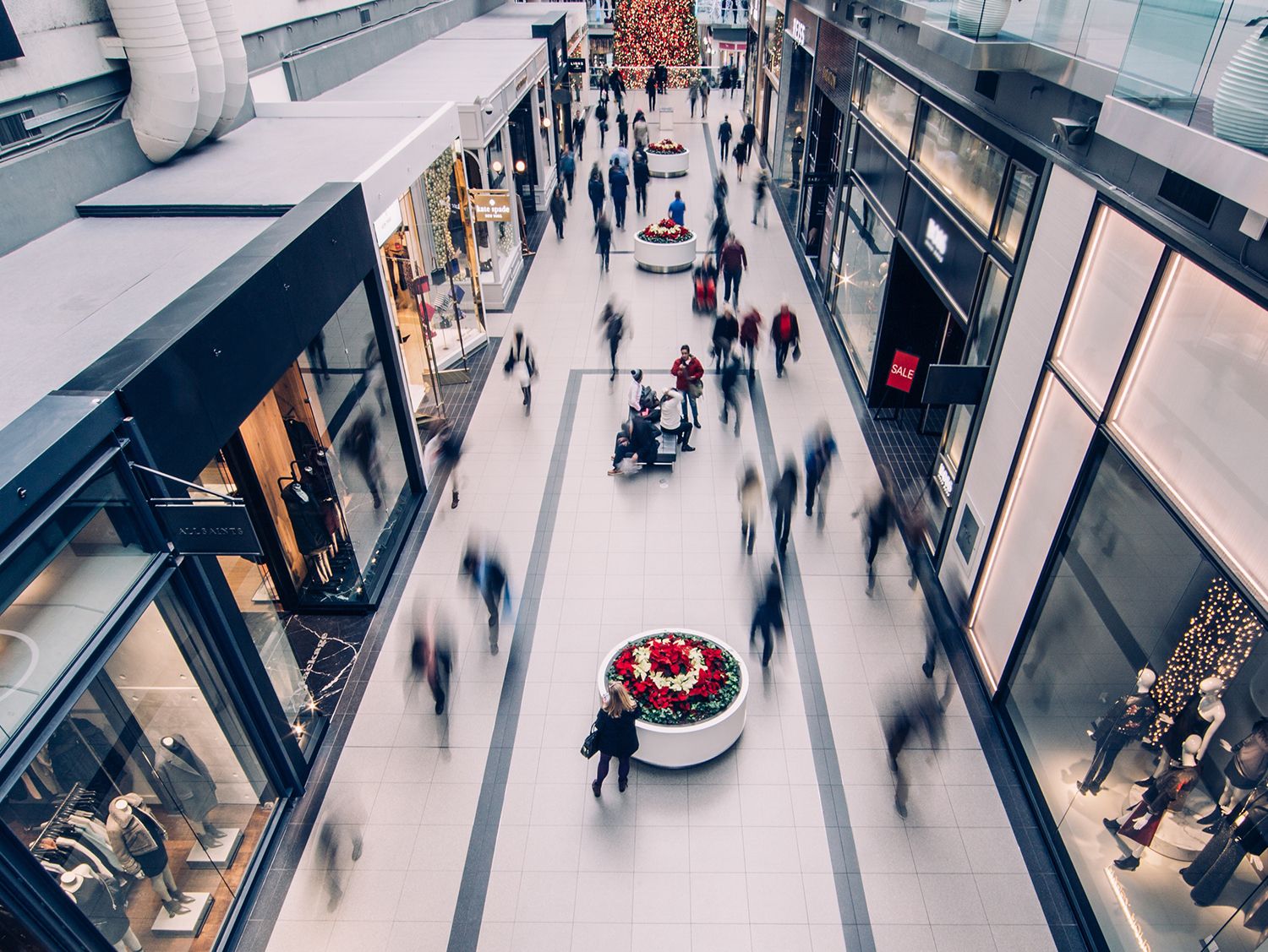 overhead view of busy retail shopping mall