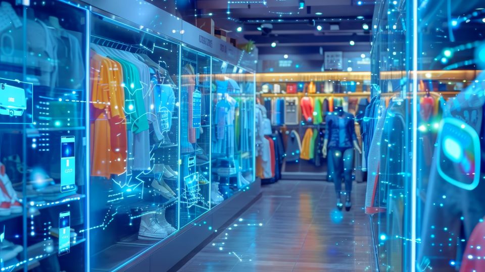 futuristic illustration of a retail apparel store interior where all merchandise is also data
