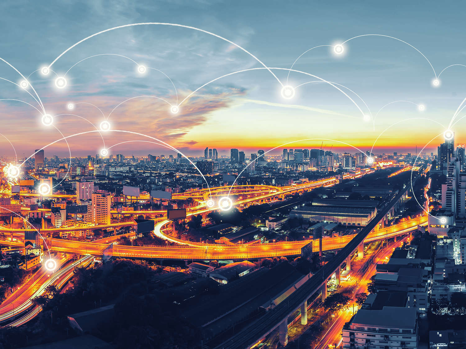 conceptual image of nighttime city connected by light